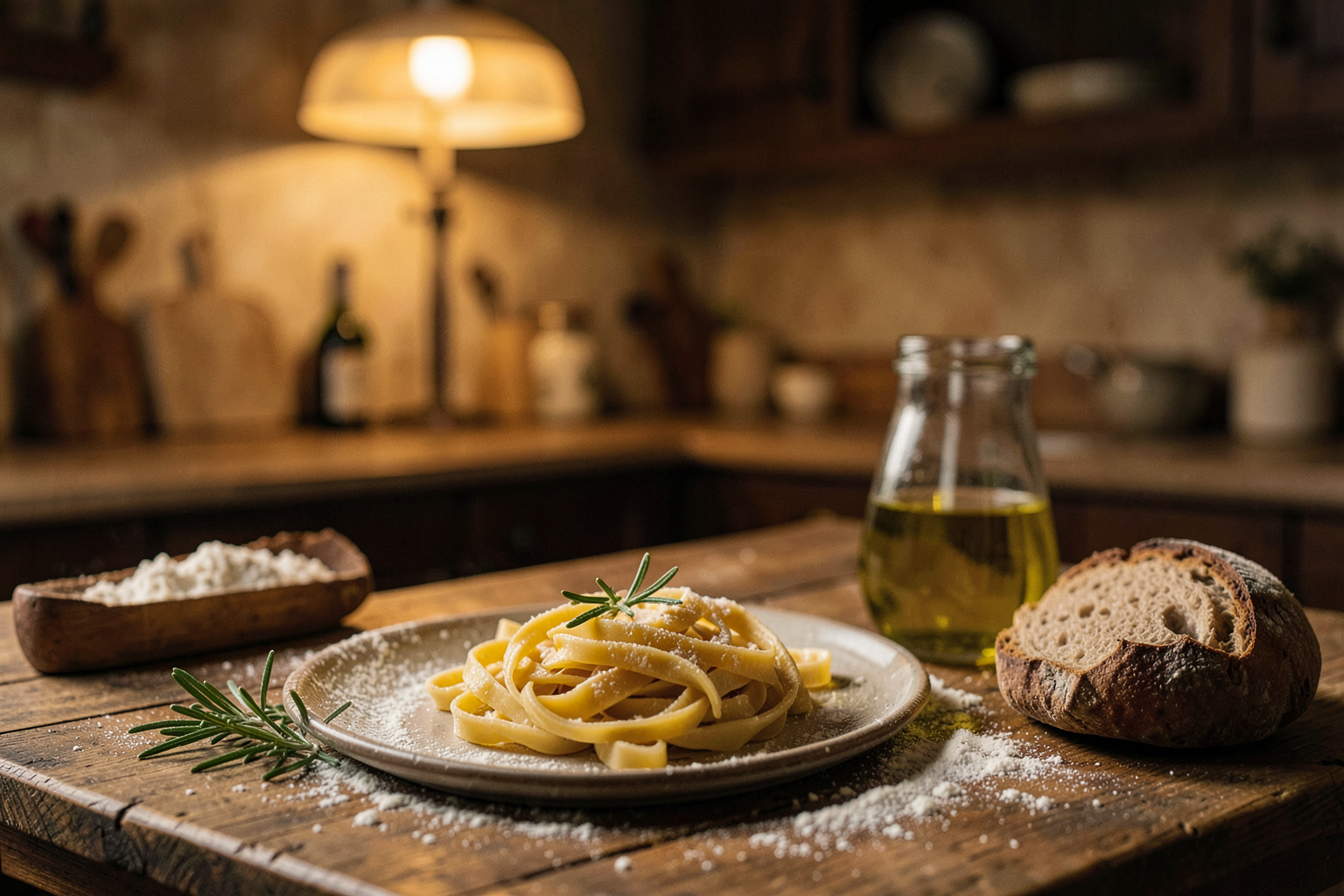 Tavola di legno in una cucina toscana con pasta fatta a mano, farina, olio d'oliva, rosmarino e pane alla luce della sera