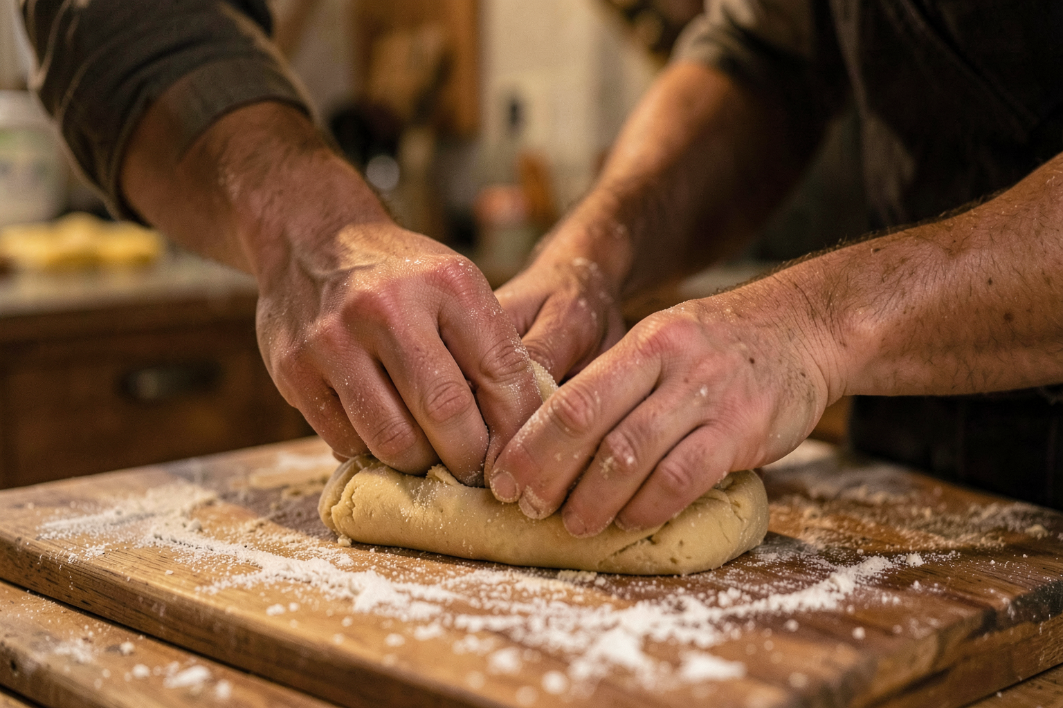 Mani che impastano la pasta fresca su un tagliere di legno infarinato